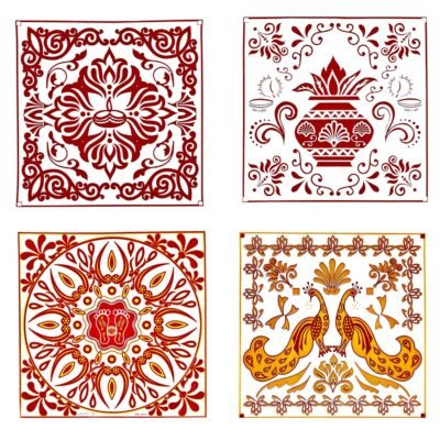 Diwali Decorative Sticker Rangoli Sticker Deepak Floor Sticker Subh labh Kalash swastik Rangoli Pattern Floor Sticker for Navratra Diwali (Set of 4)