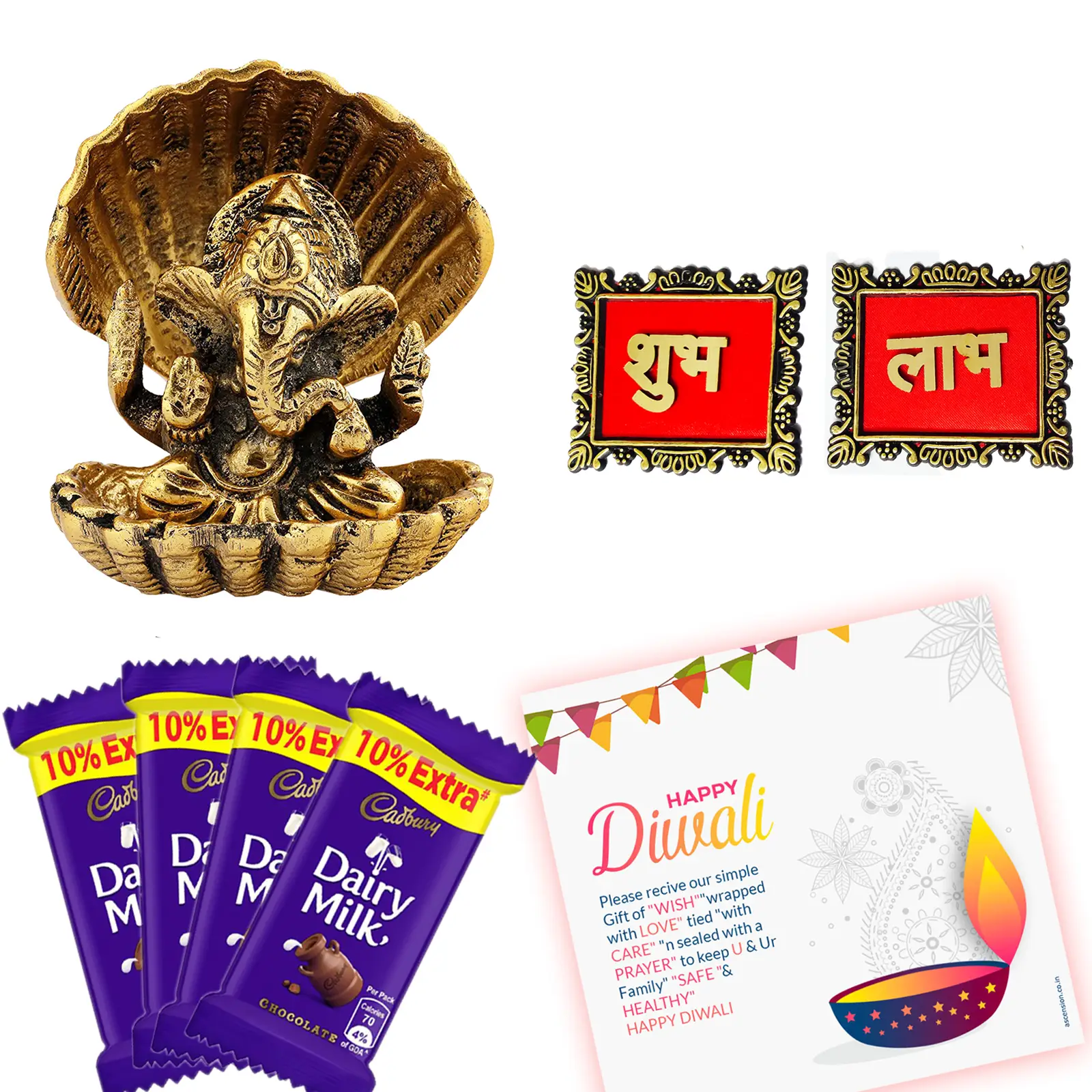 Diwali Celebrations Gourmet Gift Hamper Metal Lord Idol Seep Ganpati Ganesh ji Diya Deepak with Chocolates,Cookies,Dry Fruits,Soan Papdi, Subh Labh & Greeting Card Deepawali Diwali Gifts Items