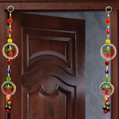 Parrot Pom Pom Side Door toran Traditional Art Handmade Door Bandarwal toran for Home Décor Hangings for Decoration Set of 1 Pair (Small)