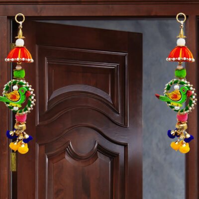 Parrot Pom Pom Side Door toran Traditional Art Handmade Door Bandarwal toran for Home Décor Hangings for Decoration Set of 1 Pair (Small)
