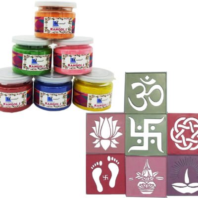 Design Creativity Diwali Floor Rangoli 6 Multicolour Rangoli Can Bottles Ceramic Colours with 12 Designer Rangoli Stencils Rangoli Powder Colors for Navratri Pongal Pooja Mandir