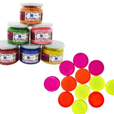 Design Creativity Diwali Floor Rangoli 6 Multicolour Rangoli Can Bottles Ceramic Colours with 10 Designer Rangoli Stamps Stencils Rangoli Powder Colors for Navratri Pongal Pooja Mandir