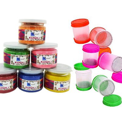 Design Creativity Diwali Floor Rangoli Art 6 Multicolour Rangoli Can Bottles Ceramic Colours with 6 Rangoli Fillers Rangoli Powder Colors for Navratri Pongal Pooja Mandir