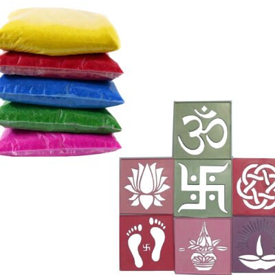 Design Creativity Diwali Floor Rangoli 5 Multicolour Rangoli Colours Ceramic Colours 80g Each with 12 Designer Rangoli Stencils Rangoli Making kit for Navratri Pongal Pooja Mandir