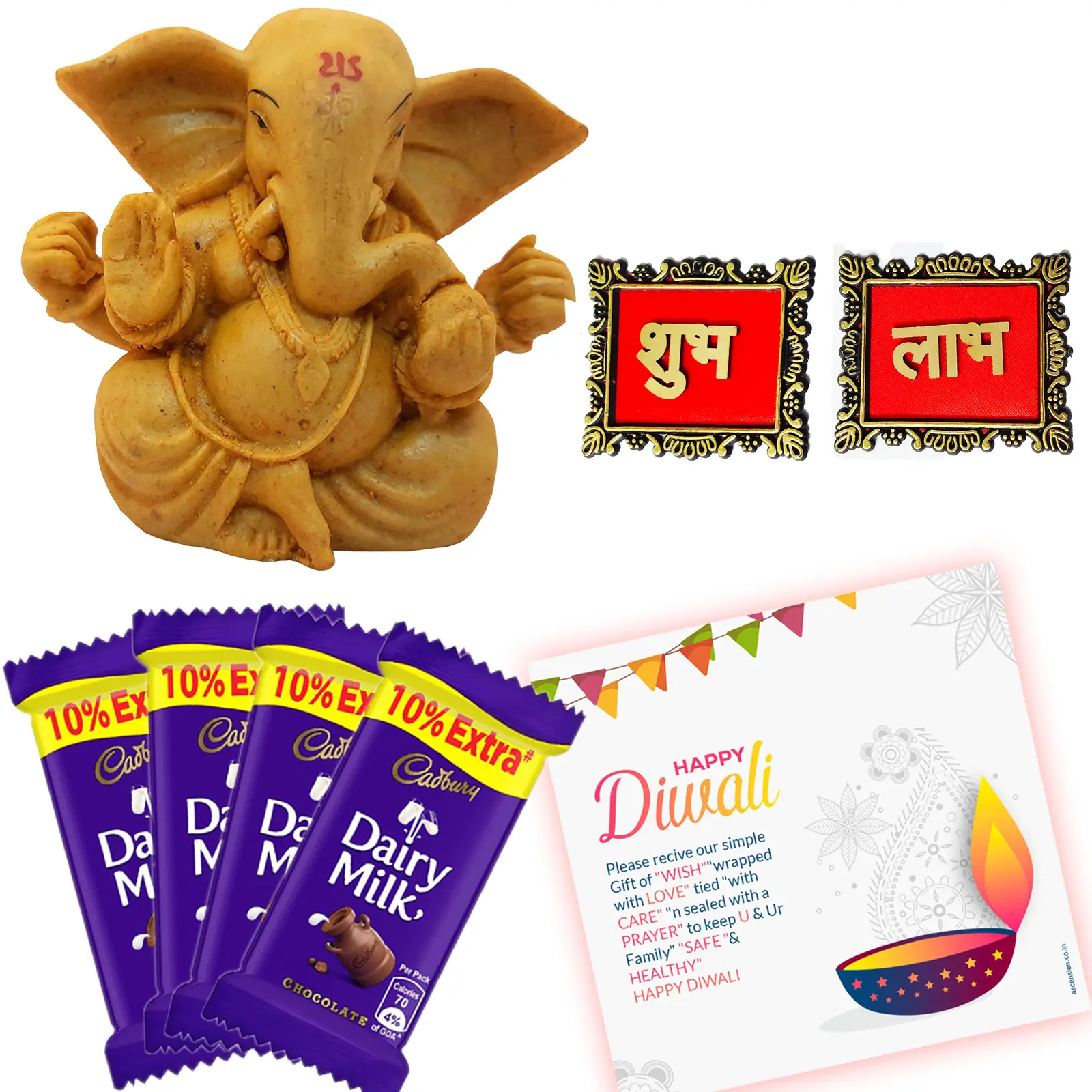 Diwali Celebrations Gift Hamper Handcrafted Ganesha Ganpati Lord Ganesh ji Idol Figurine Showpiece with Chocolates,Cookies,Dry Fruits,Soan Papdi, Subh Labh & Greeting Card Deepawali Diwali Gifts