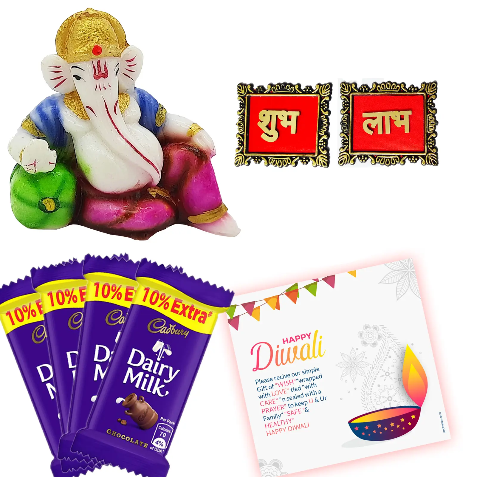 Diwali Celebrations Gourmet Gift Hamper Ganesha Ganpati bapa Beautiful Lord Ganesha with Chocolates,Cookies,Dry Fruits,Soan Papdi, Subh Labh & Greeting Card Diwali Festival Gift Decoration Items