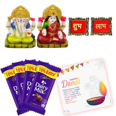 Diwali Celebrations Gourmet Gift Basket Hamper Laxmi Ganesh Idol Statue Murti with Chocolates,Cookies,Dry Fruits,Soan Papdi, Subh Labh & Greeting Card Deepawali Diwali Gifts Decoration Items