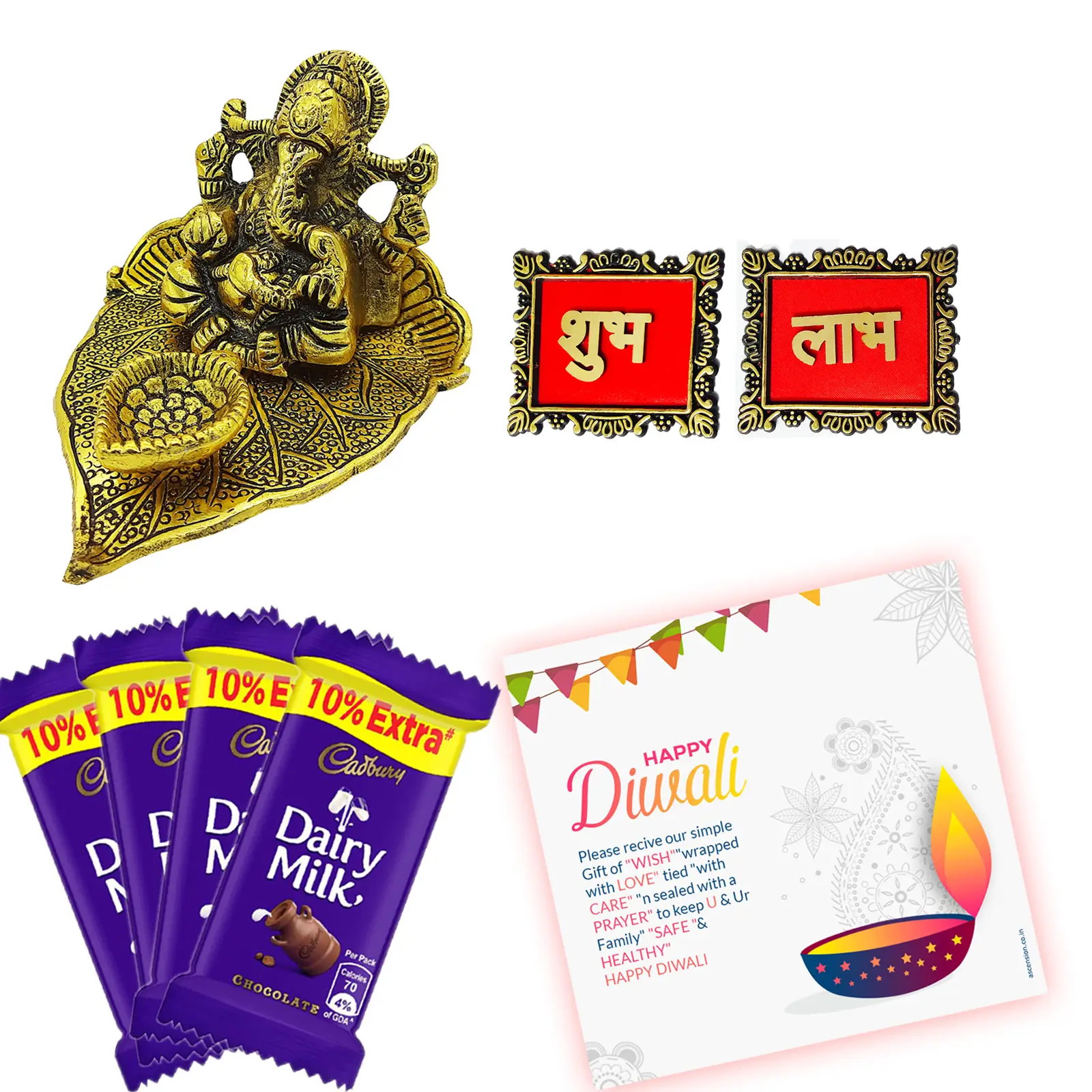 Diwali Celebrations Gourmet Gift Hamper Metal Lord Ganesh Idol Statue Murti Diya with Chocolates,Cookies,Dry Fruits,Soan Papdi, Subh Labh & Greeting Card Deepawali Diwali Gifts Decoration Items
