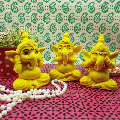 Set of 3 Ochre Ganesha Idol Beautiful Lord Ganesh Idol Statue Murti Diya for Home Décor Office Pooja Room Car dashborad Diwali Gift Festive Idol