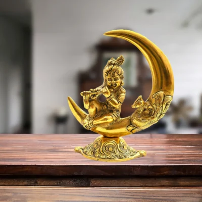 Ascension Gold Plated Metal Handicraft Lord Krishna On Moon Playing Basuri Flute Home Decor Idol for Puja and Office Shop Counter Decoration Purpose Showpiece Festive Home Office Gifts