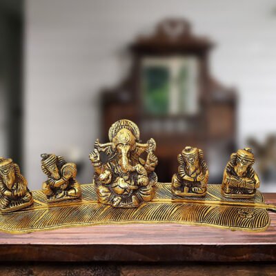 Ascension Designer Metal 5 Ganesh Golden Plated with Musical Instrument On Leaf for Home Decor Lord Ganesha Statue God Ganesh Ganpati Idol for Home Diwali Puja Home Decoration Festival Gifts