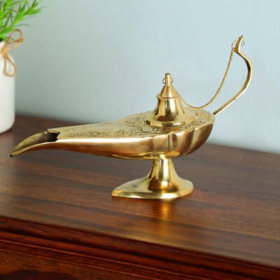 Ascension Brass Hand Crafted Metal Aladdin Chirag Lamp Home Decor Showpiece (Golden)