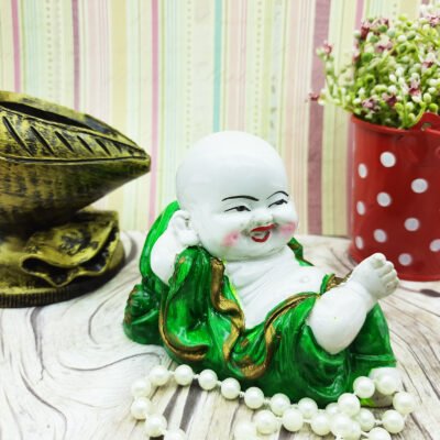 Ascension Handcrafted Cute Child Monk Showpiece Laughing Baby Buddha Baby Laughing Buddha Colorful Best Home Décor Showpiece Home Office Decor/Baby Monk Statue, Vaastu (Green)