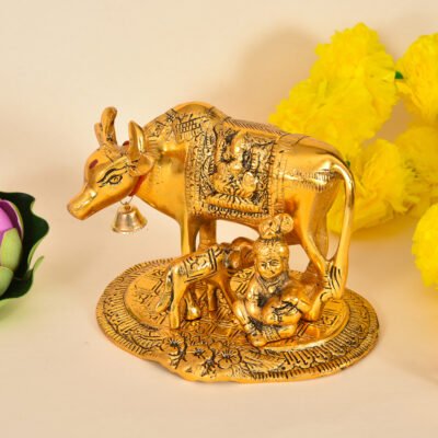 Ascension Metal Kamdhenu Cow Calf and Krishna Idol Showpiece Home Décoration (,Golden)