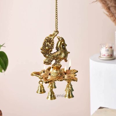 Antique Peacock Hanging Diya Peacock diya with bells for Home desigenr diya for diwali decoration hanging diya for pooja room tample decoration items Tealight Candle Holder