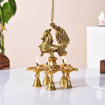Antique Peacock Hanging Diya Peacock diya with bells for Home desigenr diya for diwali decoration hanging diya for pooja room tample decoration items Tealight Candle Holder