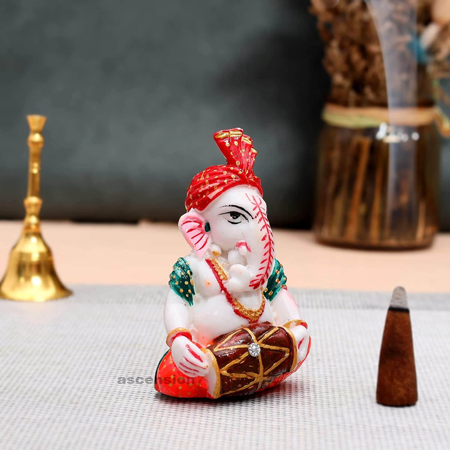 Lord Ganesha Ceramic Sitting Statue(Murti) with Agalvilakku for Home,  Office Decor &Pooja Room| Handmade