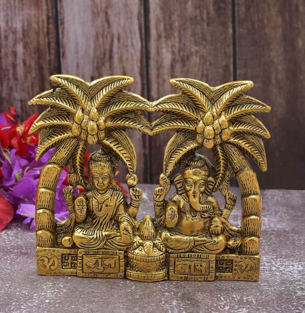 Laxmi Ganesh Murti with Coconut Tree diwali Decoration Itmes Ganesh Laxmi Under Tree Spiritual Lucky Gift Birthday Gift & Wedding Gift Idia Metal laxmi Ganesh Metal Statue