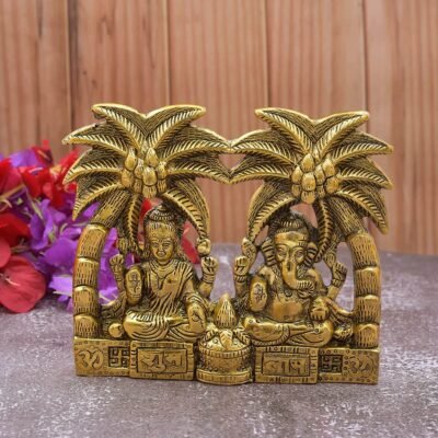 Laxmi Ganesh Murti with Coconut Tree diwali Decoration Itmes Ganesh Laxmi Under Tree Spiritual Lucky Gift Birthday Gift & Wedding Gift Idia Metal laxmi Ganesh Metal Statue