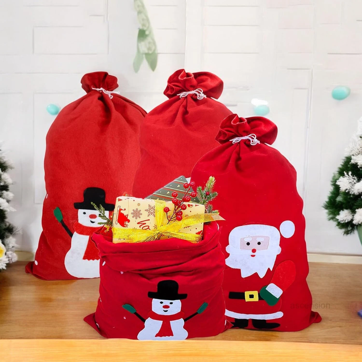 Ascension Designer Santa Claus Sack Stocking Christmas Santa Bag Kids Christmas Gift Bags Backpack Santa Claus gift bag (Pack Of 4)