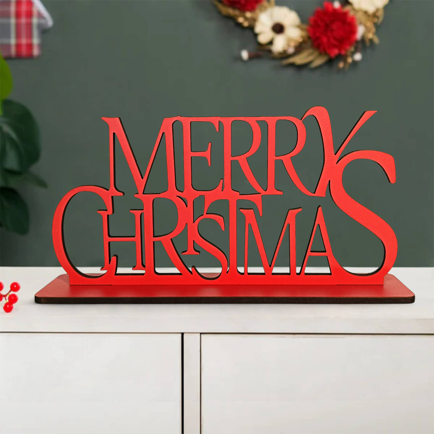 Wooden Merry Christmas Tag for Christmas Decoration Red Merry Christmas Sign