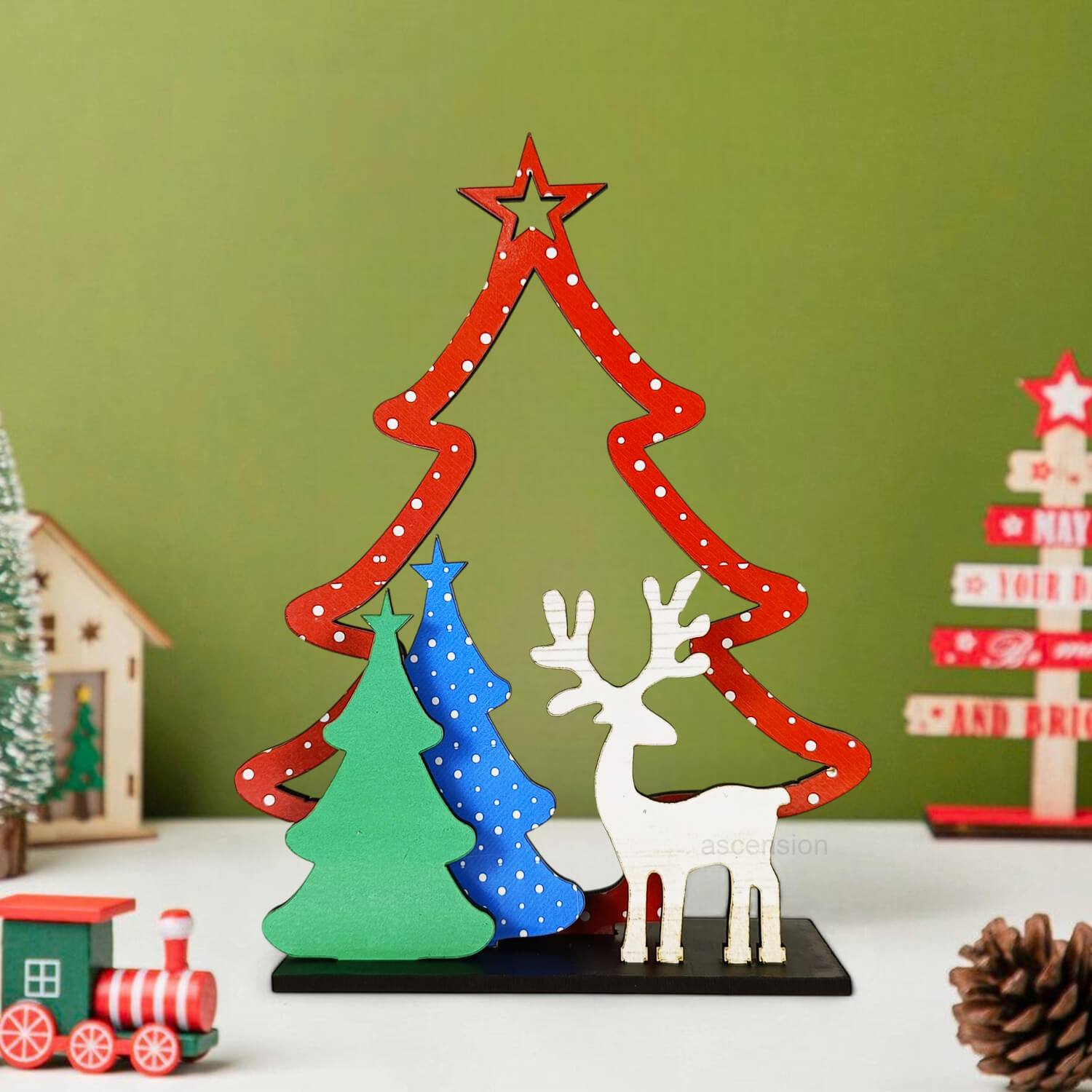 Wooden Merry Xmas Tree Reindeer Figures for Christmas Decoration