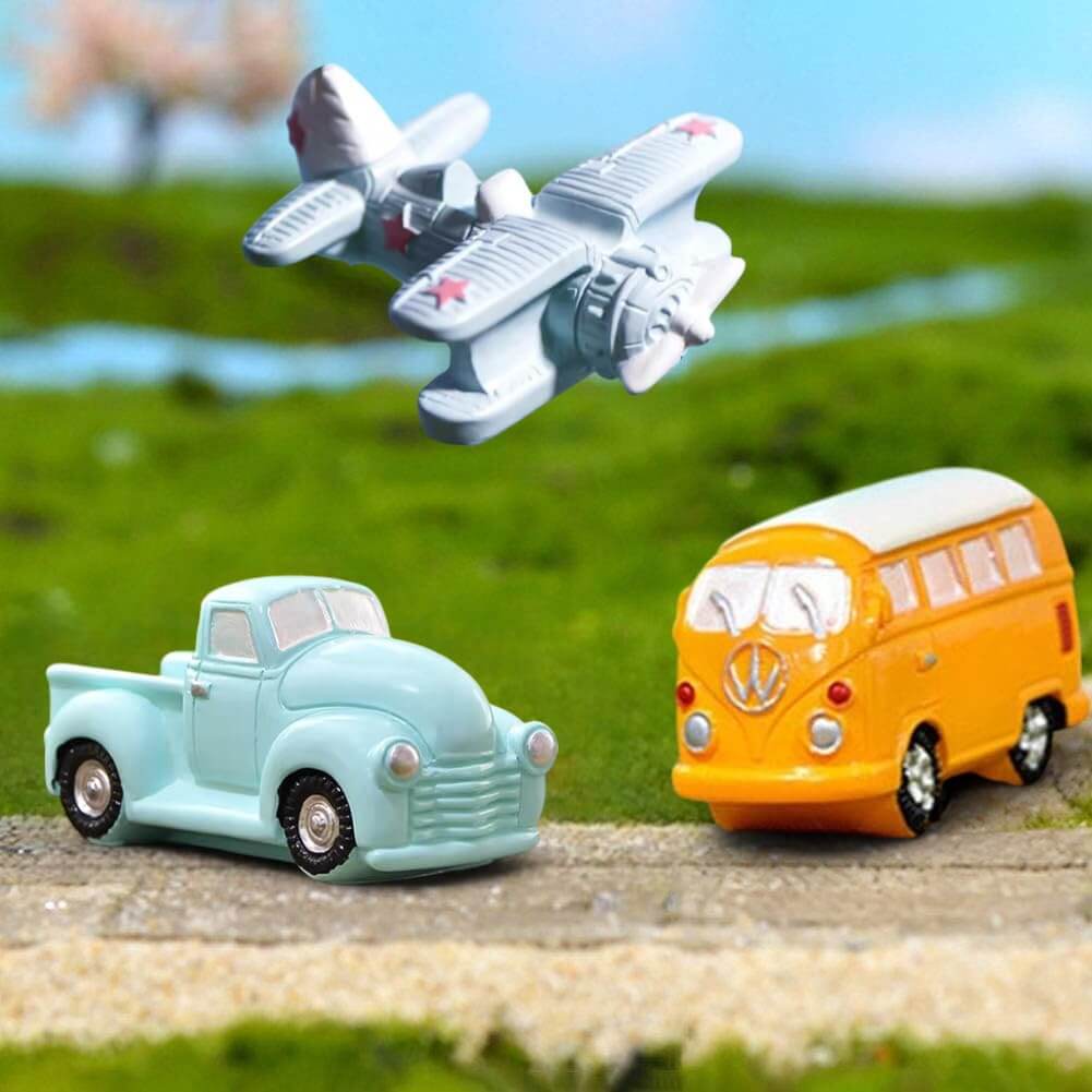 (Set of 3) 1 Model Van Bus,1 Vintage Truck,1 Blue Aircraft for Fairy Garden