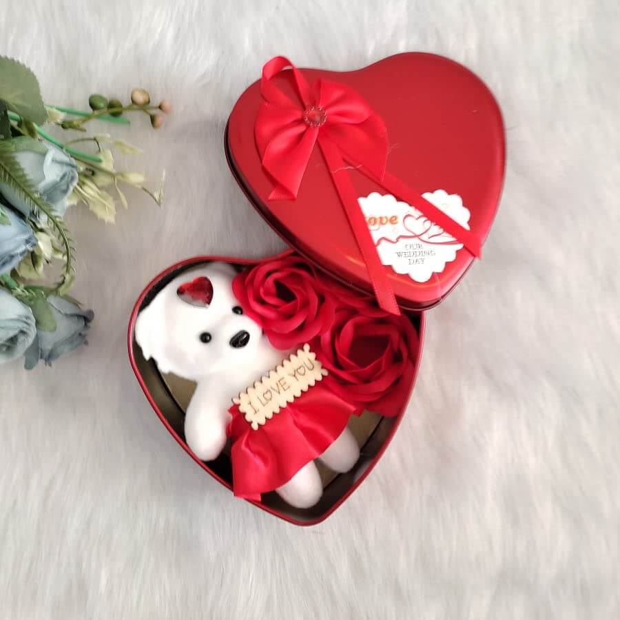 Teddy and Roses in Artificial Heart Shaped Tin Box Valentine Gift Box