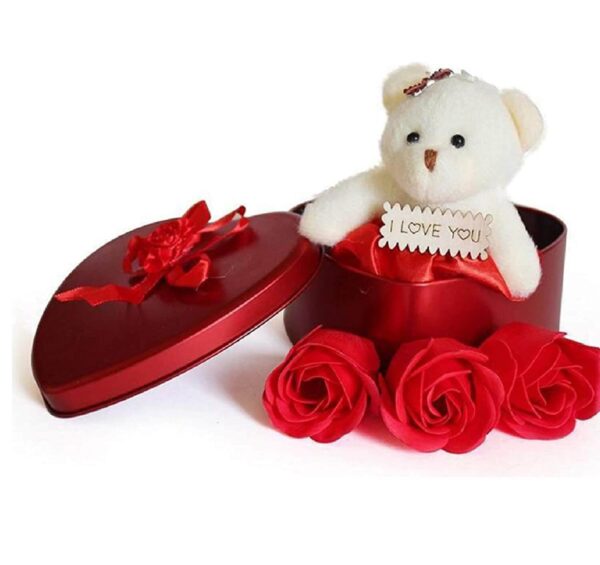 Teddy and Roses in Artificial Heart Shaped Tin Box Valentine Gift Box