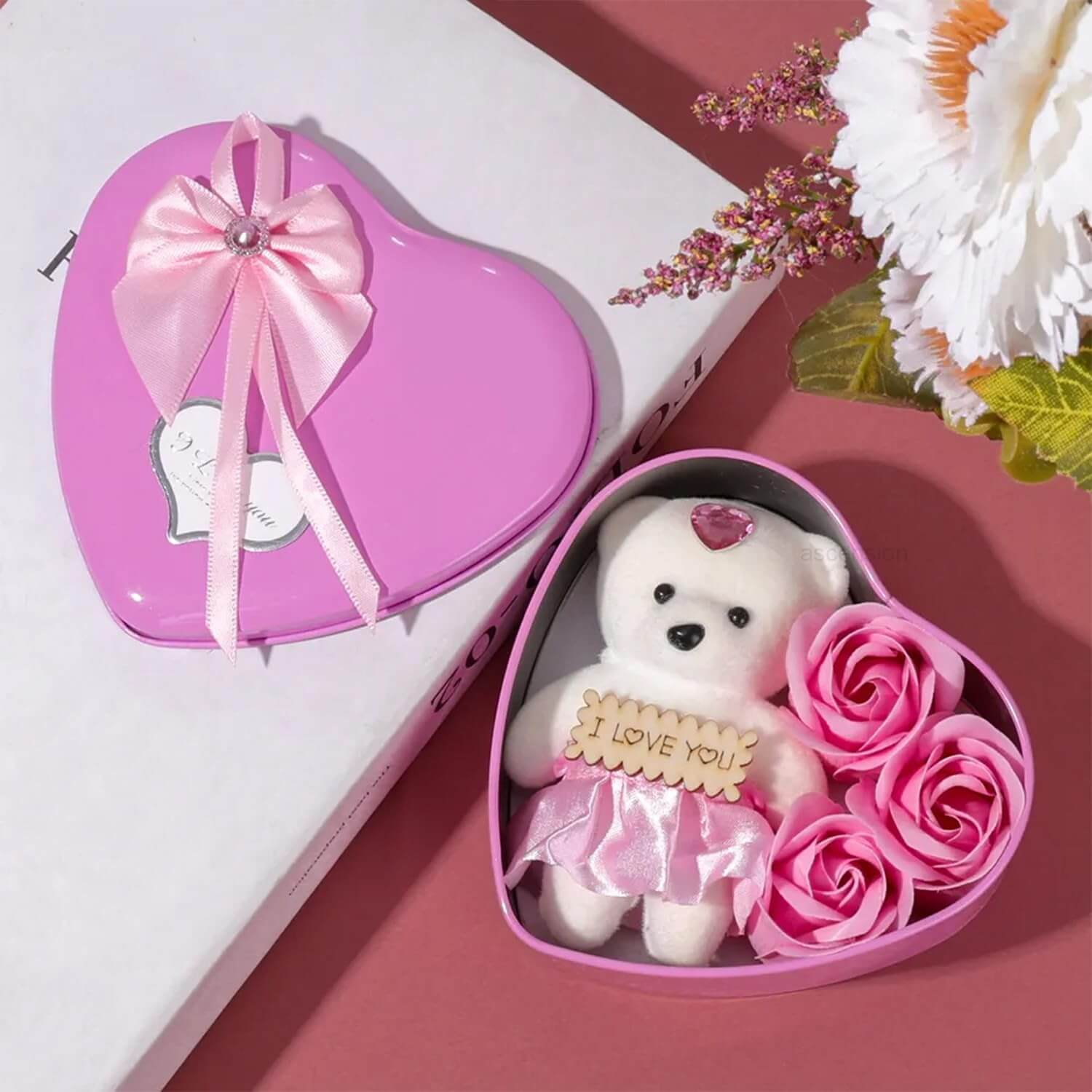 Pink Heart Shaped Gift Box with Teddy and Roses Gift for Valentine Day