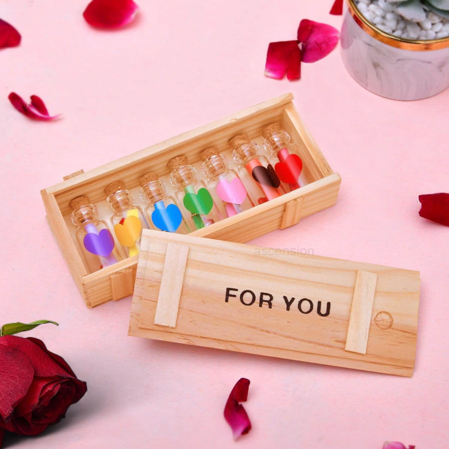 7 Small Love Secret Message Wish Bottle In A Wooden Box Valentine Day Gift's For Girlfriend Boyfriend