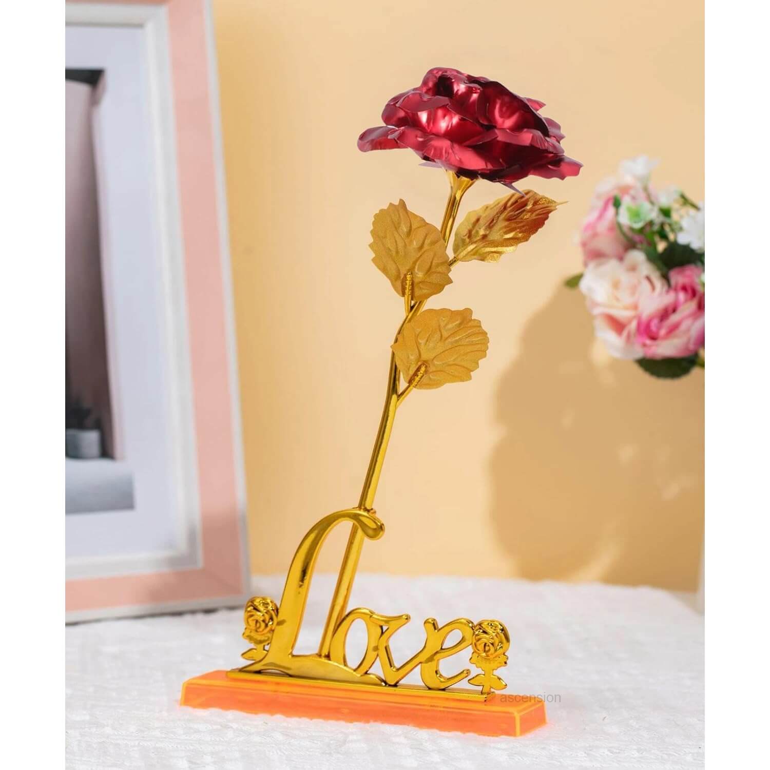 Red Rose Flower with Love Stand for Table Valentine Day Gift for Husband Wife