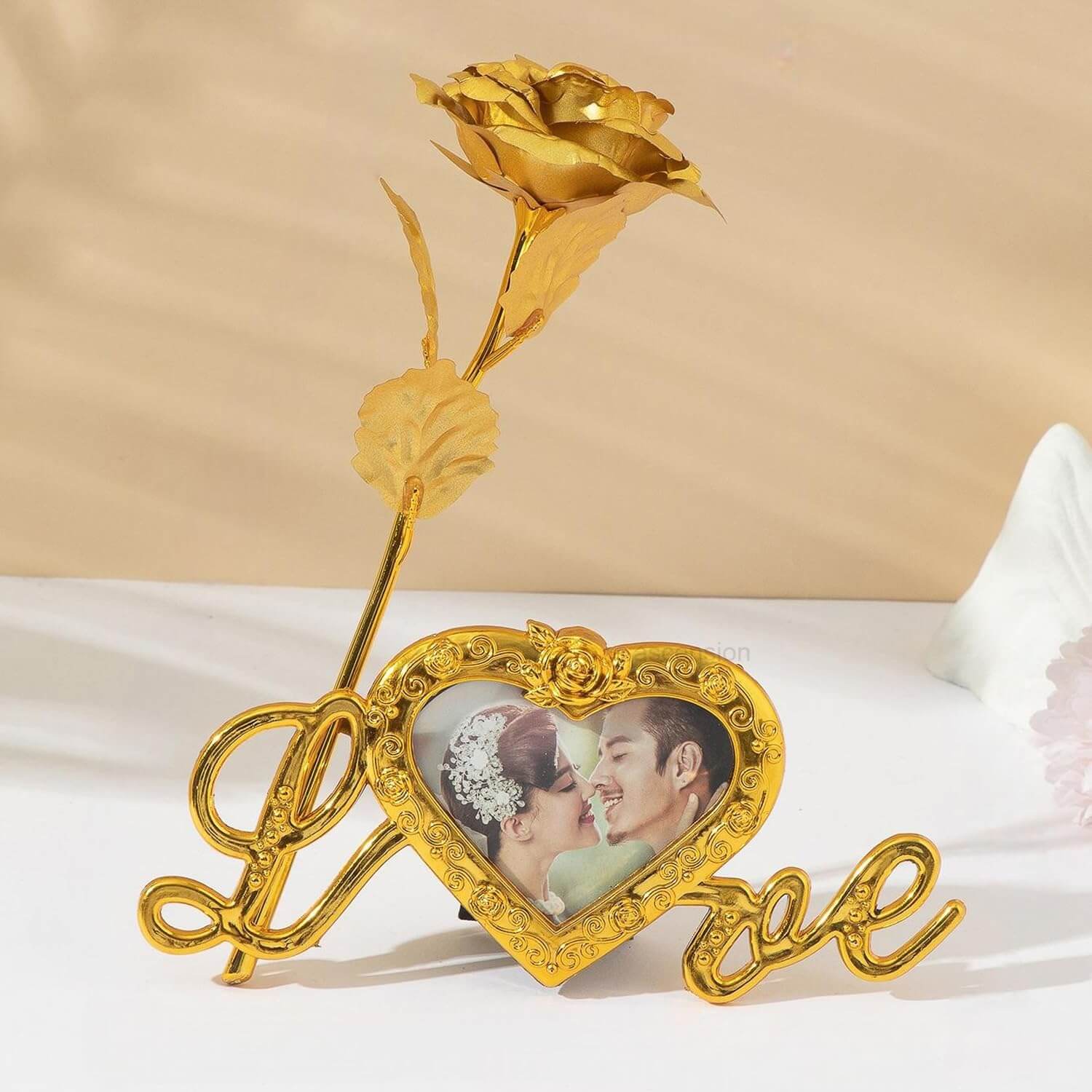 Artificial Gold Roses Flower with Love Photo Frame Stand for Table Valentine's Decoration