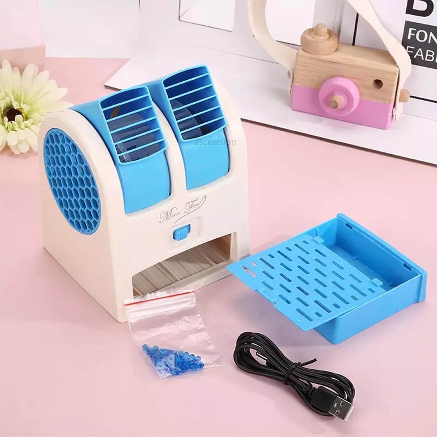 ascension Mini Portable Desktop Cooling Fan Table Fan Dual Bladeless Small  Air Conditioner Water Air Cooler Duel Blower with Ice Chamber USB Battery 