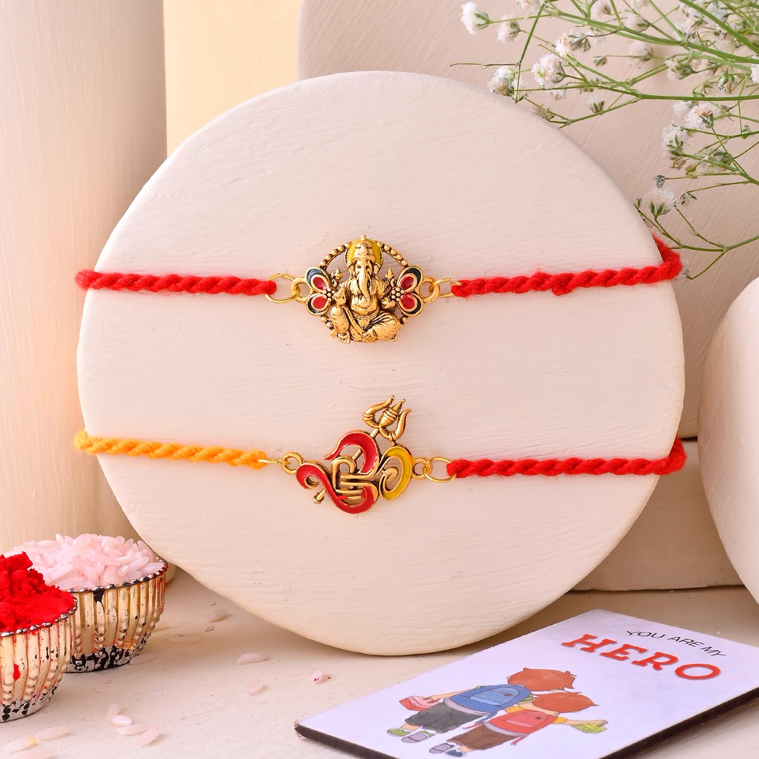 ascension Set of 2 Om & Ganesh Ji Designer Rakhi For Brother Rakhi Set for Bhaiya, Bhai Raksha Bandhan Religious Rakhis with You are My Hero Fridge Magnet Gift & Roli Tilak