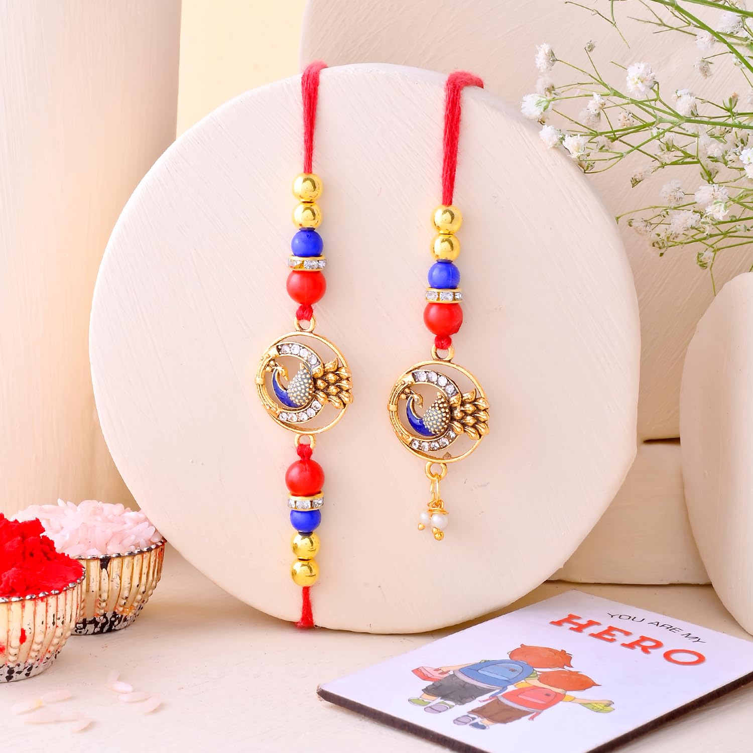 ascension Peacock & Pearl Designer Rakhi For Bhaiya Bhabhi Couple Rakhi Set for Brother Bhabhi Raksha Bandhan Bracelet Rakhi Lumba Floral Rakhi with Fridge Magnet Gift & Roli Tilak