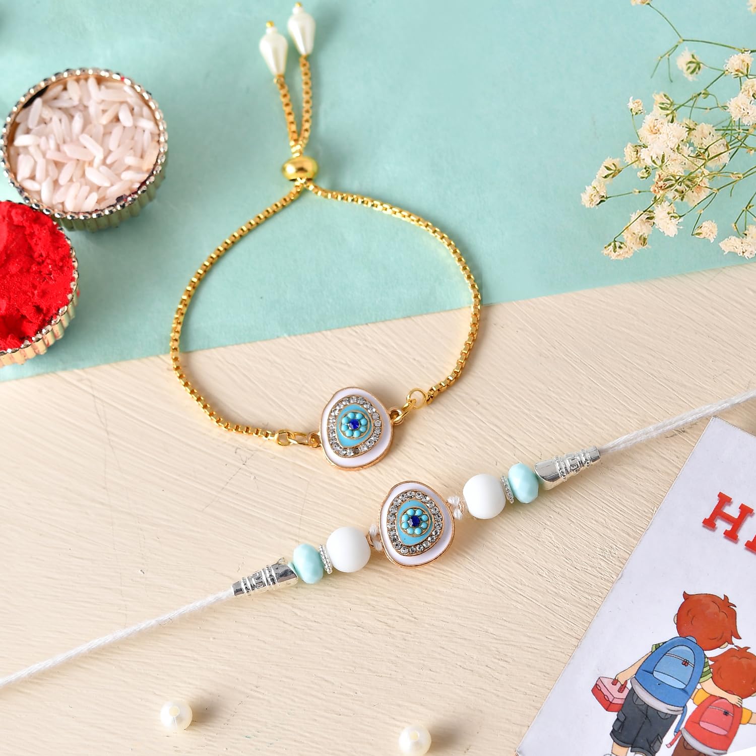 ascension Evil Eye Rakhi For Bhaiya Bhabhi Couple Rakhi Set for Brother Bhabhi Raksha Bandhan Bracelet Rakhi Lumba Floral Rakhi with Fridge Magnet Gift & Roli Tilak