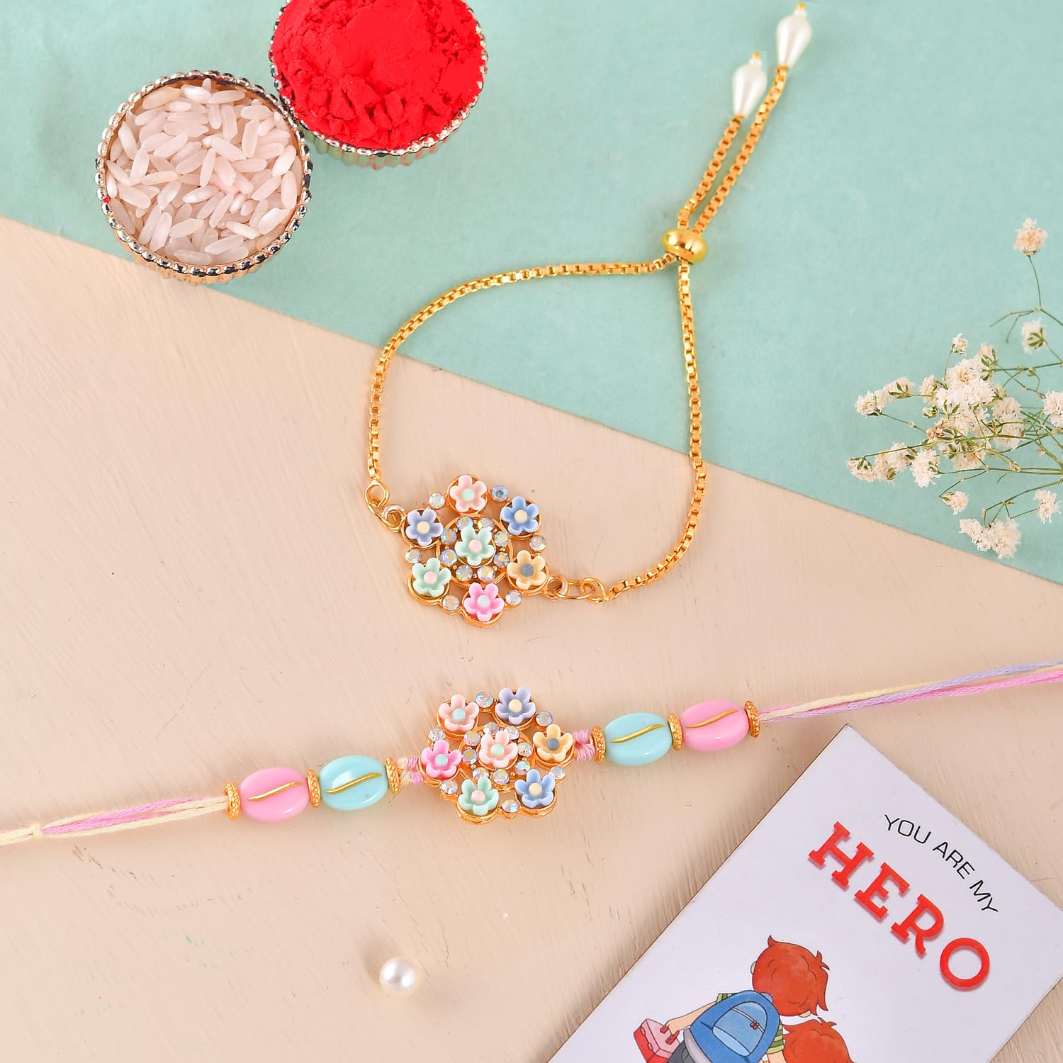 ascension Floral & Pearl Designer Rakhi For Bhaiya Bhabhi Couple Rakhi Set for Brother Bhabhi Raksha Bandhan Bracelet Rakhi Lumba Floral Rakhi with Fridge Magnet Gift & Roli Tilak