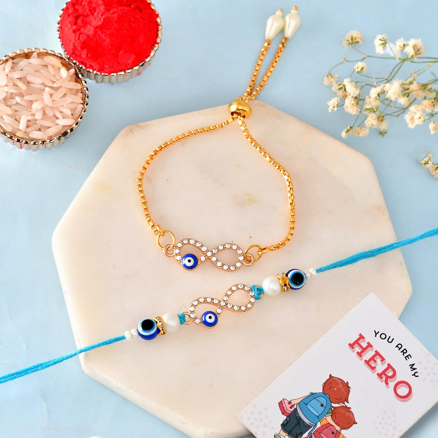 ascension Evil Eye & Infinity Designer Rakhi For Bhaiya Bhabhi Couple Rakhi Set for Brother Bhabhi Raksha Bandhan Bracelet Rakhi Lumba Floral Rakhi with Fridge Magnet Gift & Roli Tilak