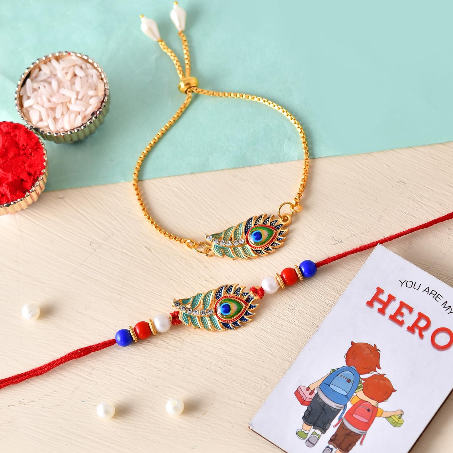ascension Peacock Feather Designer Rakhi For Bhaiya Bhabhi Couple Rakhi Set for Brother Bhabhi Raksha Bandhan Bracelet Rakhi Lumba Floral Rakhi with Fridge Magnet Gift & Roli Tilak