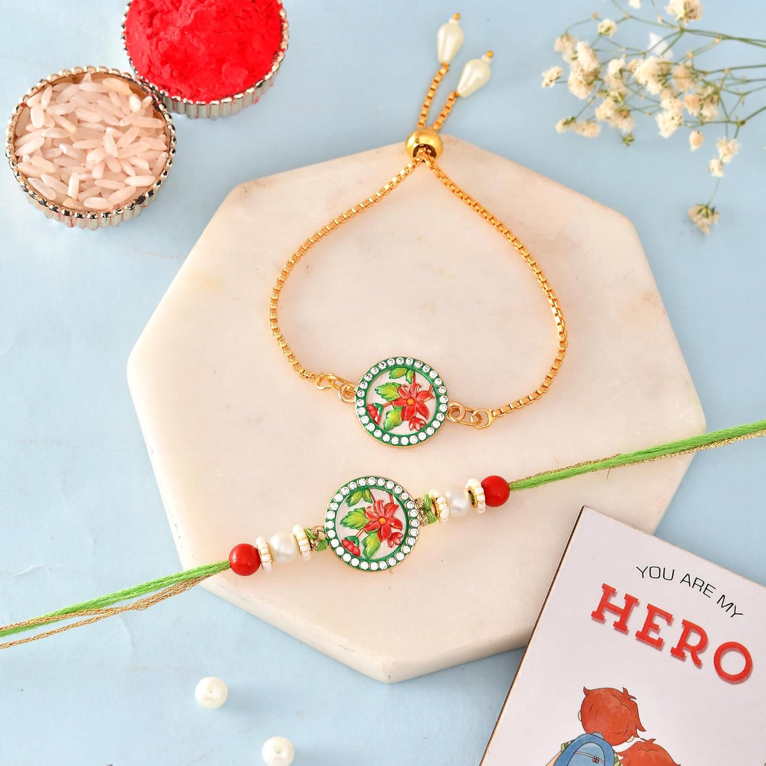 ascension Designer Rakhi For Bhaiya Bhabhi Couple Rakhi Set for Brother Bhabhi Raksha Bandhan Bracelet Rakhi Lumba Floral Rakhi with Fridge Magnet Gift & Roli Tilak