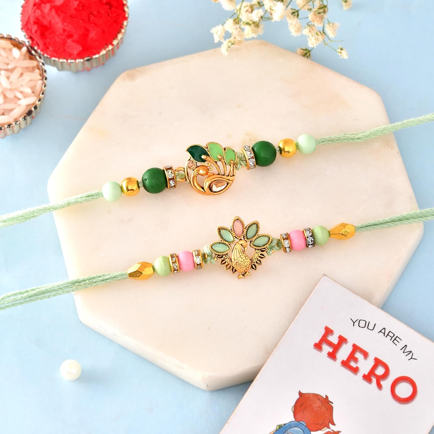 ascension Set of 2 Peacock Designer Rakhi For Brother Rakhi Set for Bhaiya, Bhai Raksha Bandhan Rakhi with You are My Hero Fridge Magnet Gift & Roli Tilak