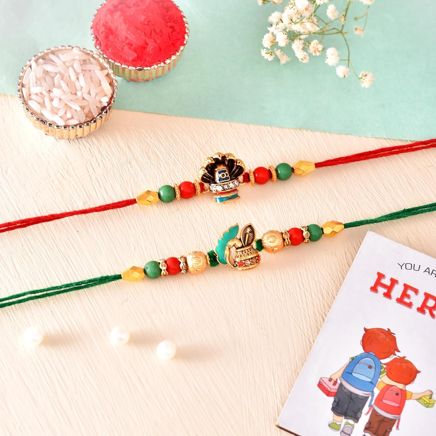 ascension Set of 2 Shivling, Kalash Designer Rakhi For Brother Rakhi Set for Bhaiya, Bhai Raksha Bandhan Religious Rakhis with You are My Hero Fridge Magnet Gift & Roli Tilak