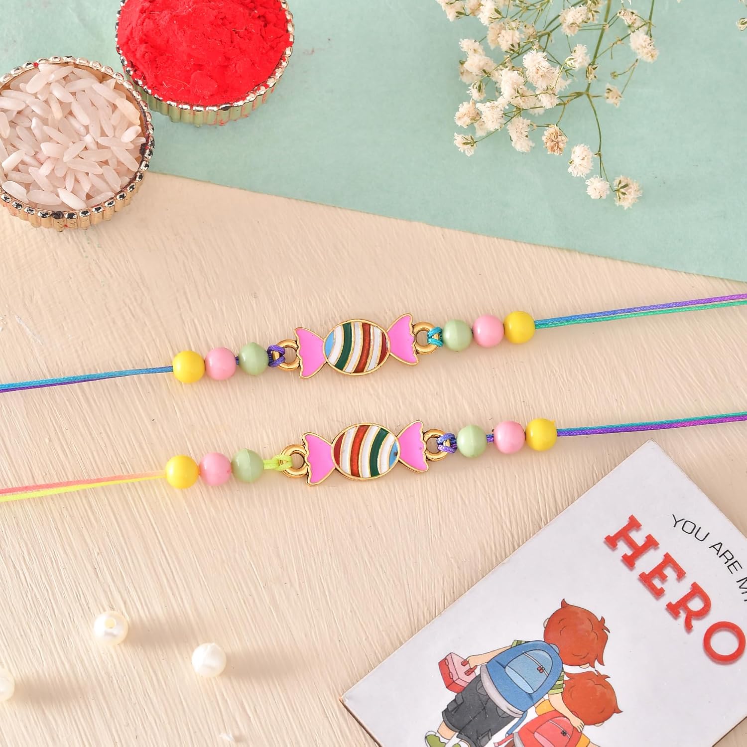 ascension Set of 2 Rakhi For Kids Rakhi for Brother, Bhai Raksha Bandhan Rakhis for Girls & Boys with You are My Hero Fridge Magnet Gift & Roli Tilak