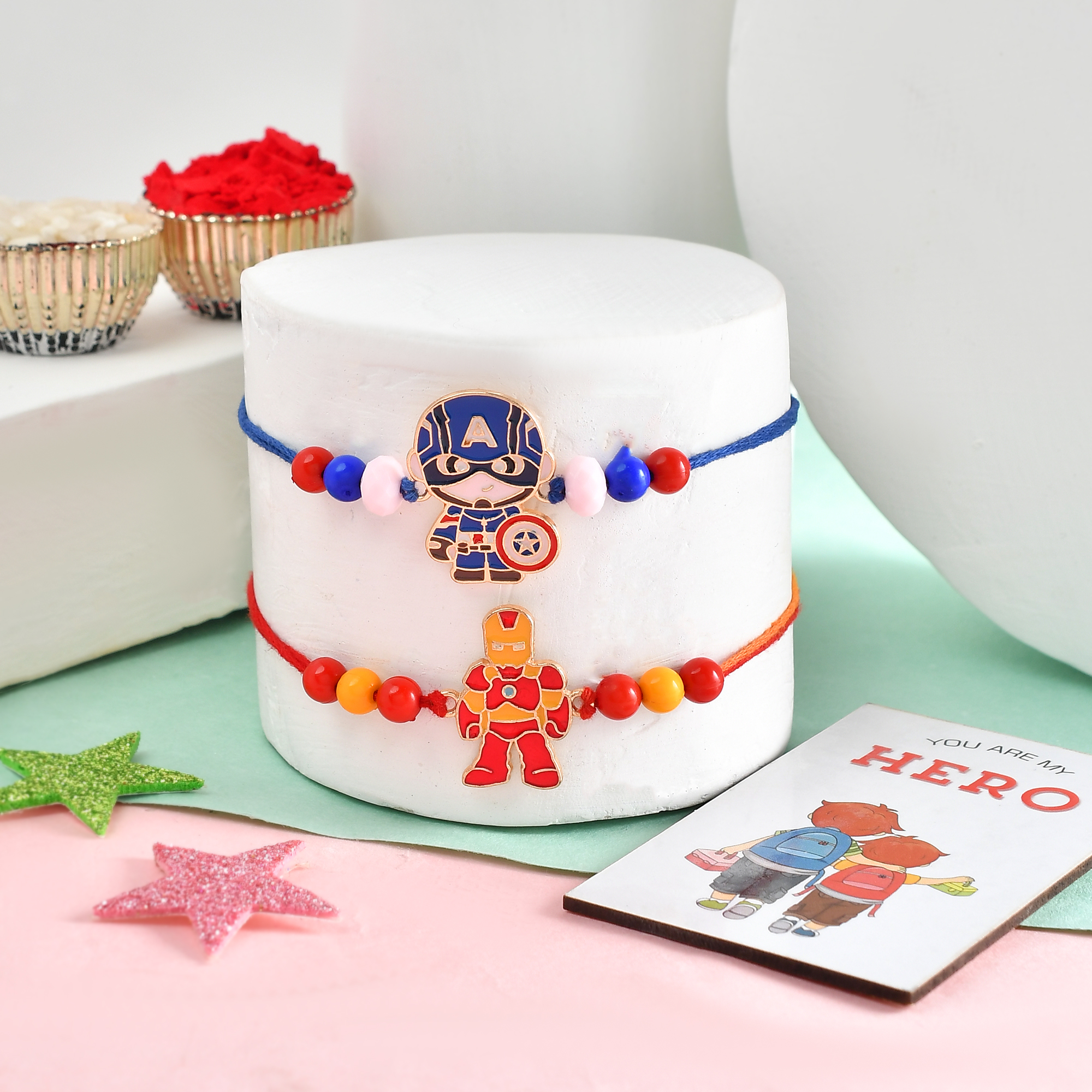 ascension Set of 2 Rakhi For Kids Rakhi for Brother, Bhai Raksha Bandhan Cartoon Kids Rakhis for Girls & Boys with You are My Hero Fridge Magnet Gift & Roli Tilak