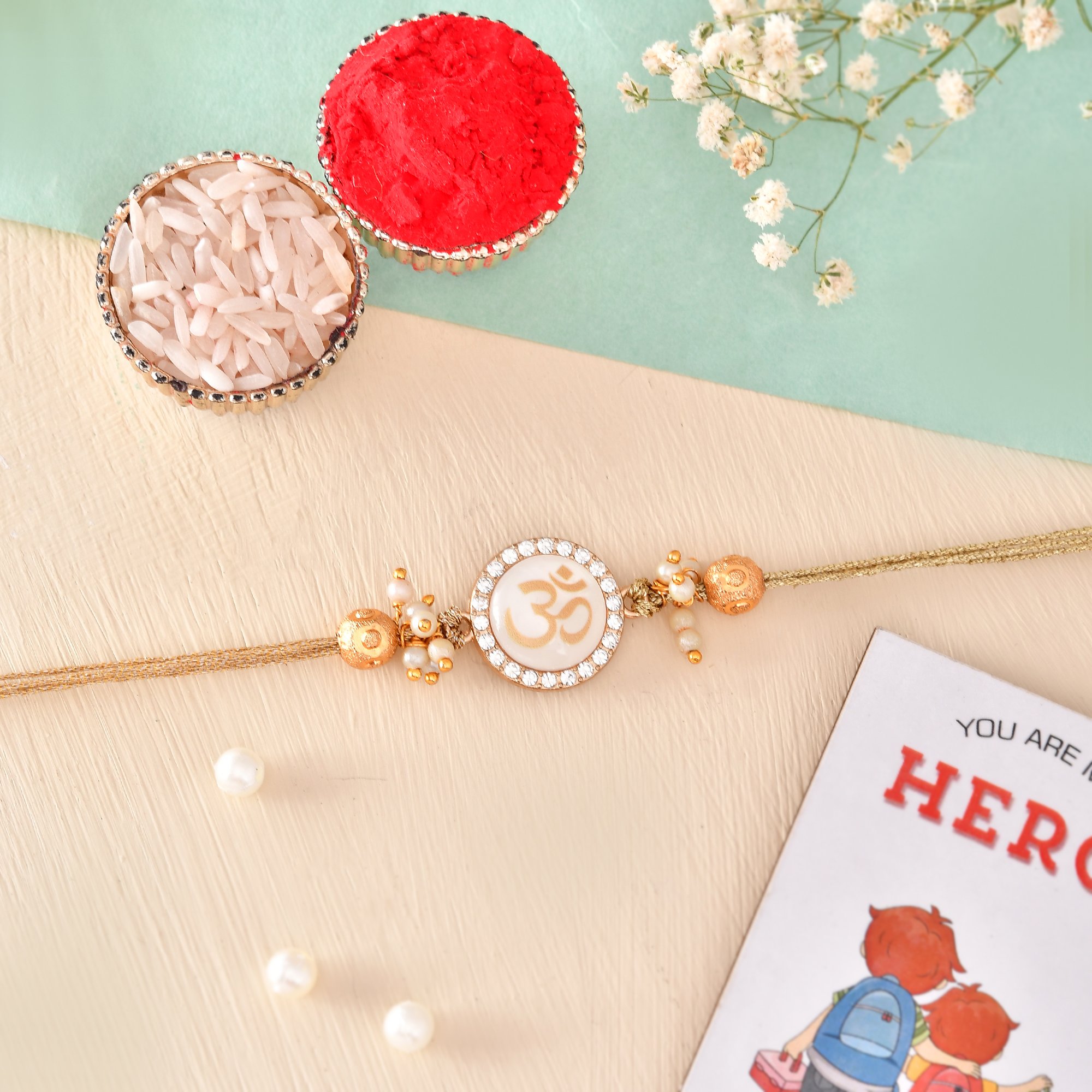 ascension Om & Pearl Designer Rakhi For Brother Rakhi for Bhaiya, Bhai Raksha Bandhan Religious Rakhi with You are My Hero Fridge Magnet Gift & Roli Tilak