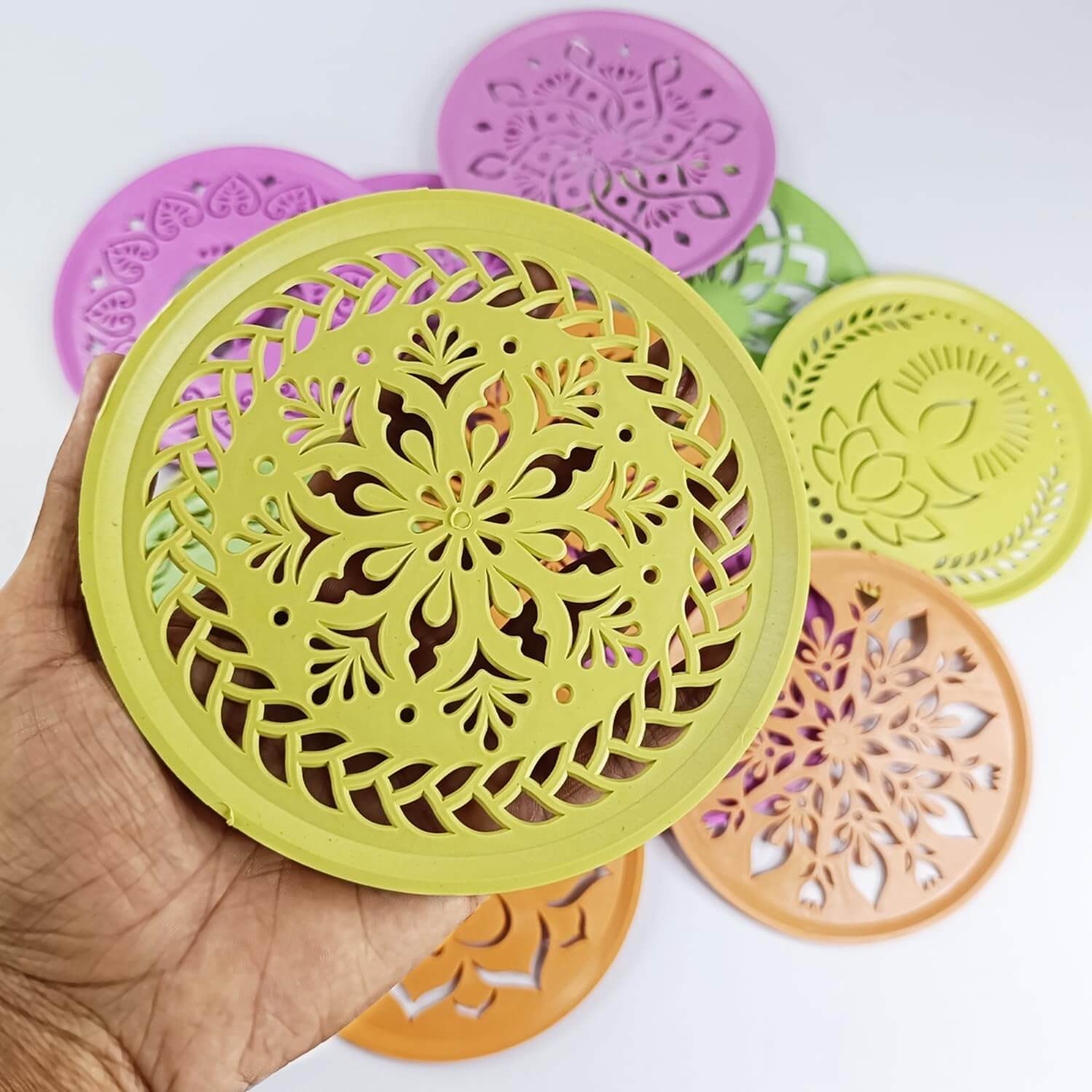 Asecnsion 12 Assorted Design Circle Rangoli Making Stencils Multi Design Colorful Rangoli Making Stancils Rangoli Stencils Set for Diwali Decoration Round Multi - Image 4