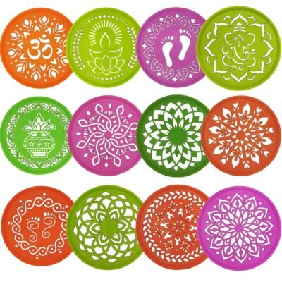 Asecnsion 12 Assorted Design Circle Rangoli Making Stencils Multi Design Colorful Rangoli Making Stancils Rangoli Stencils Set for Diwali Decoration (Round Multi)