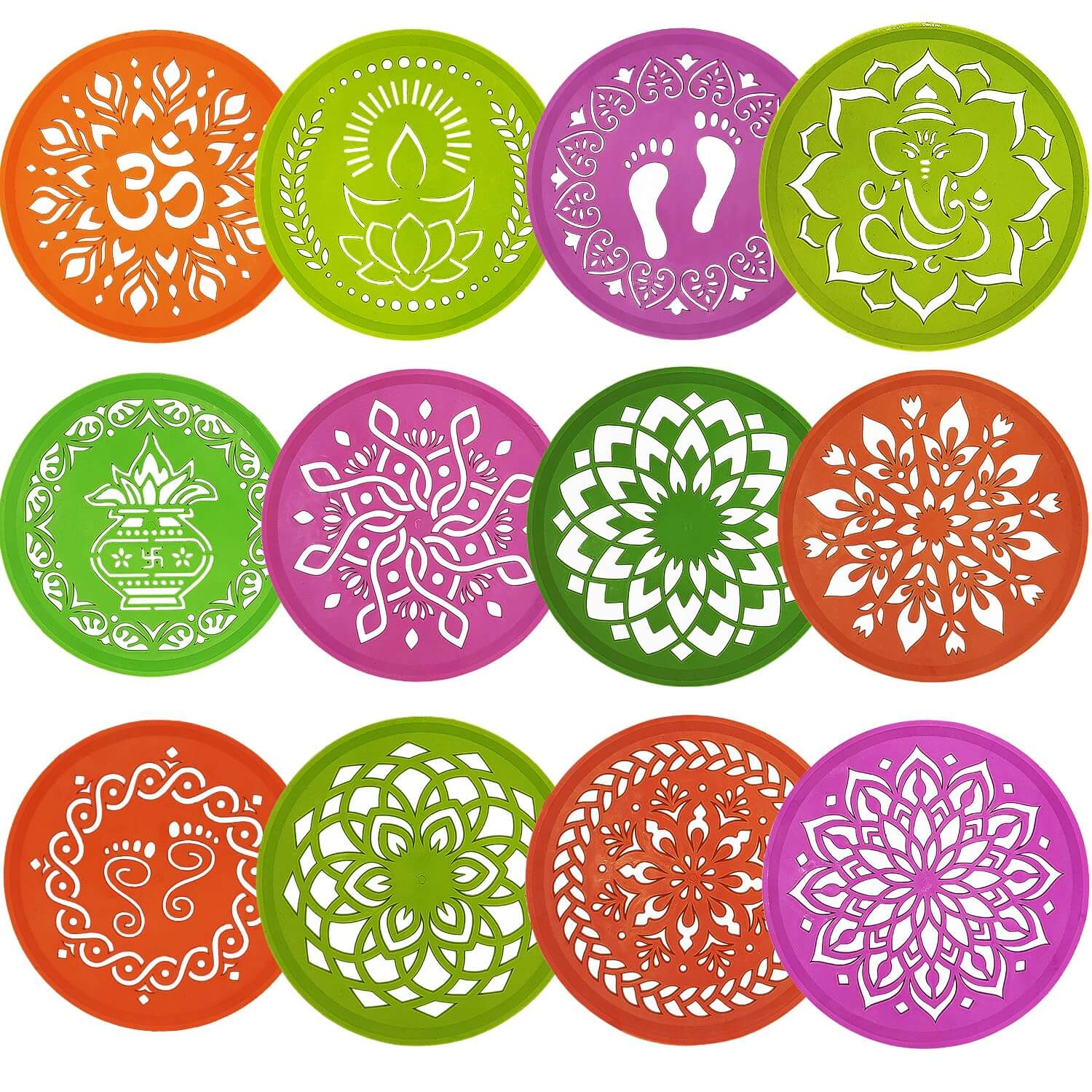 Asecnsion 12 Assorted Design Circle Rangoli Making Stencils Multi Design Colorful Rangoli Making Stancils Rangoli Stencils Set for Diwali Decoration (Round Multi)