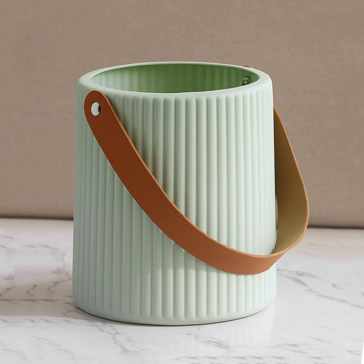 Plastic Flower Vase with Faux Leather Handle Table-top Flower Pot